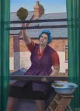 John Turner, Woman Cleaning Windows, 1985, oil on canvas board