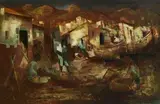 Fishermen at Malaga by George Campbell, c.1966, oil on board, sold Apr 2023