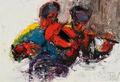Fiddler and Flute Player by John B. Vallely, oil on board, sold Apr 2023