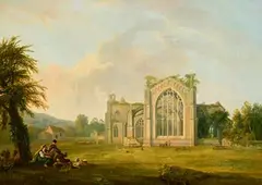 George Barret, A Landscape with Figures and the Ruins of Melrose Abbey, Roxburghshire, oil on canvas
