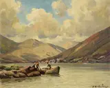 Fishermen, Co Galway by Charles McAuley, oil on canvas board, offered Apr 2023