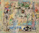 Histories by John Kingerlee, 2016, oil and collage on board, sold Apr 2023