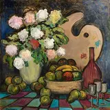 Still Life with Artist's Palette by Gladys Maccabe, oil on board, sold Apr 2023