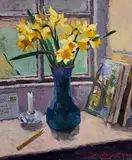 Desmond Hickey, Daffodils with Candle, 1994, oil on canvas board