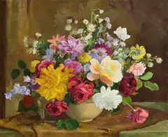Flowers by Moyra Barry, oil on canvas, sold Apr 2023