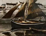 Galway Hooker, Spanish Arch, Galway by Cecil Maguire, oil on board, sold Mar 2023