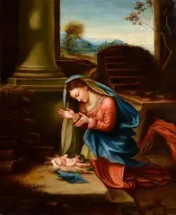 Adoration of the Christ Child by Antonio da Correggio, oil on canvas, sold Mar 2023