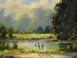 Children on the River by Norman J. McCaig, oil on canvas board, sold Mar 2023