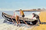 Ivan Sutton, Launching Currach, An Tra, Inisheer, Co. Galway, oil on canvas board