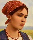 James Cahill, Girl with Red Scarf, oil on canvas board
