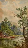 Cattle at the Stream by John Faulkner, watercolour on paper, sold Mar 2023