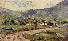 Thatched Cottages, West of Ireland by Gladys Maccabe, oil on board, sold Mar 2023