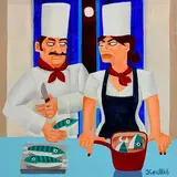 Fish Supper by Graham Knuttel, oil on canvas, sold Jan 2023