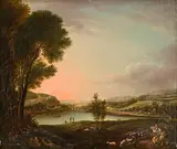 William Sadler II, Early Evening with Figures Fishing, Cattle and Sheep being Herded in the Foreground, oil on canvas