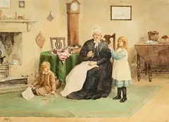 Play Time, Grandma's Parlour by Samuel McCloy, watercolour on paper, offered Jan 2023