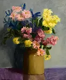 Still Life, Flowers in a Stoneware Jug by Maurice Canning Wilks, oil on board, sold Jan 2023