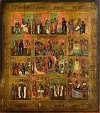 19th Century Russian Icon, Resurrection, Descent and Twelve Major Feasts, tempera on wood
