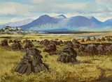 Turf Stacks, Connemara by Cecil Maguire, 1994, oil on board, offered Nov 2022