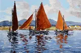 Ivan Sutton, Becalmed Galway Hookers, Roundstone Bay, oil on canvas board