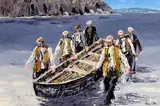 Ivan Sutton, Hauling Up the Currach, Keem Beach, Achill, oil on canvas board