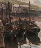 Paul Nietsche, Boats in Harbour, oil on board