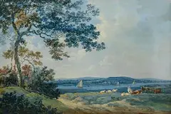 John Laporte, Cattle in a River Landscape, Boats and a Town Beyond, gouache