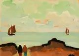Shawlies by the Shore by Markey Robinson, gouache on board, sold Nov 2022