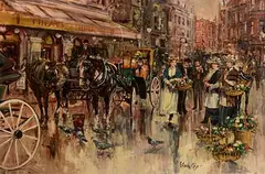 Gordon King British, Flower Sellers, oil on board
