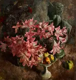 Patrick Hennessy, Pink Lilies, oil on canvas (second image verso)