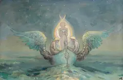 George William Russell, Mystical Figure in Winged Boat, oil on canvas