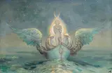 George William Russell, Mystical Figure in Winged Boat, oil on canvas