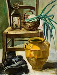 Patrick Swift, Still Life with Chair and Vase, oil on board