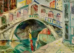 May Guinness, Rialto Bridge, Venice, oil on board