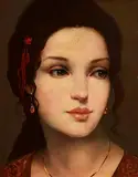 The Girl with Teardrop Earrings by Ken Hamilton, oil on canvas laid on board, sold Nov 2022