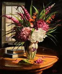 Mat Grogan, Hydrangeas and Wild Flowers, oil on board