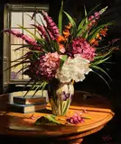 Mat Grogan, Hydrangeas and Wild Flowers, oil on board