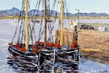 Ivan Sutton, Galway Hookers, Roundstone Harbour, Co. Galway, oil on canvas board