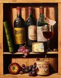 Raymond Campbell British, Still Life - Wine Bottles, Cheese and Grapes