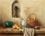 Robert Chailloux French, Still Life - Apples and Walnut with Oil Lamp