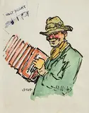 William Conor, Belfast Busker, watercolour on paper - christmas card