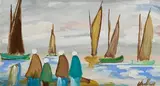 Watching the Boats by Markey Robinson, gouache on board, sold Sep 2022