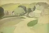 Harry Epworth Allen, Landscape with Cottages, gouache