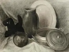John Luke, Still Life - Tabletop, charcoal on paper