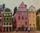 Old Town, Stockholm by Cecil Maguire, oil on board, offered Aug 2022