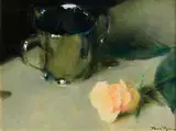Thomas Ryan, Silver Cup and Pink Rose, oil on board
