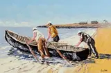 Ivan Sutton, Launching Currach, An Tra, Inisheer, Co. Galway, oil on canvas board
