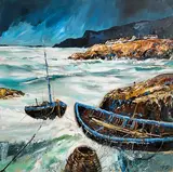 Roaring Water Curraghs, Co. Cork by J.P. Rooney, oil on board, sold Aug 2022