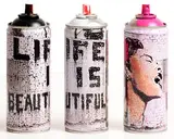 Thierry Guetta, Life is Beautiful, 2020, used spray cans - numbered 41, 43 and 49 from an edition of 150 (each 19x6.5x6.5cm)