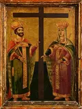 Saints Constantine and Helena by 18th Century Greek Icon, tempera on wood panel executed on a gold ground, sold Aug 2022