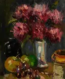 Liam Treacy, Still Life - Flowers and Fruit, oil on board